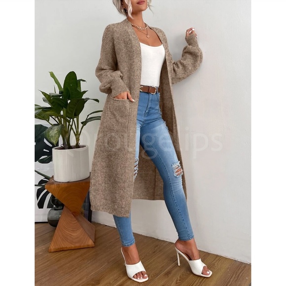 Brown Duster Cardigan Front Pockets Cable Knit Long Sleeve Midi Length - Picture 5 of 8